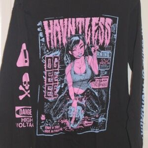 Black Long Sleeve Graphic Tee with Pink and Blue Design feat Anime Girl